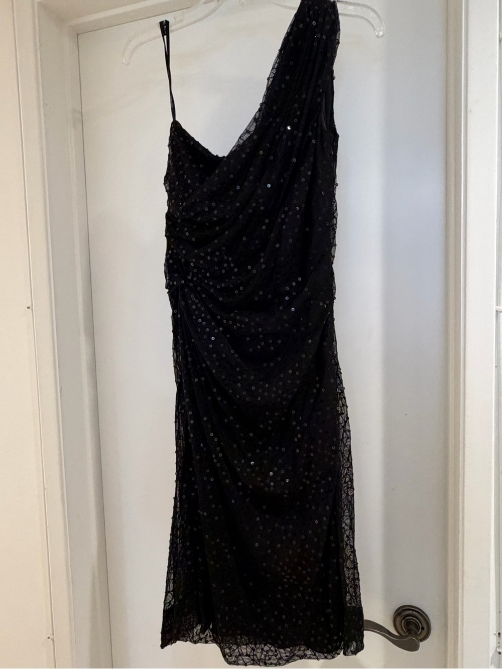 Tadashi Shoji Black One-Shoulder Sequin Draped Dress